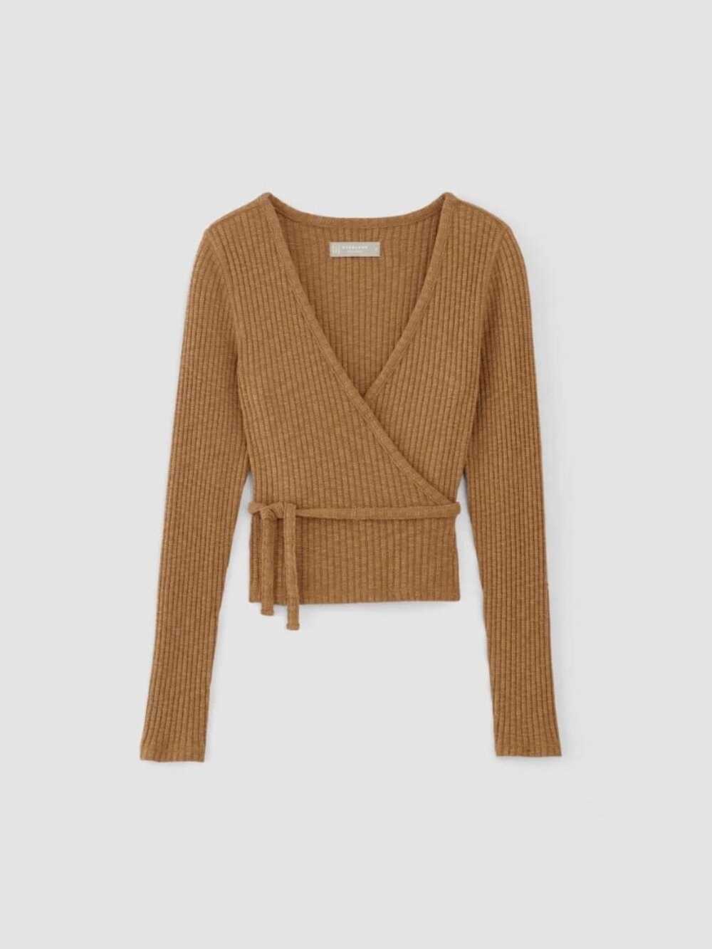 Everlane Cozy Rib Wrap Top | Cappuccino Brown | Balletcore Tie Front Sweater - Picture 2 of 9